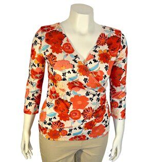 Weekenders Wrap Front Blouse Womens S Poppy Floral Chintz V-Neck 3/4 Sleeve